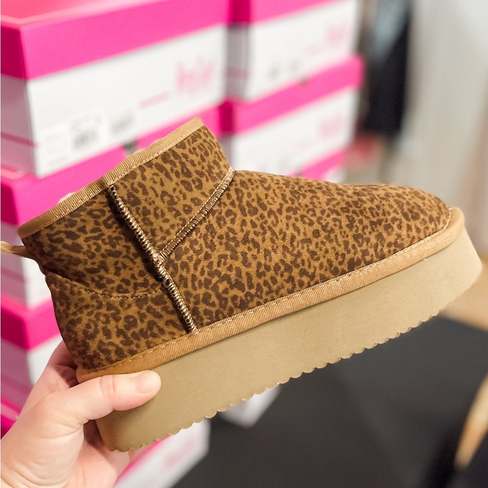 Corkys Footwear Mini Leopard Print Faux Suede Room Service Boot Faux Fur Lining